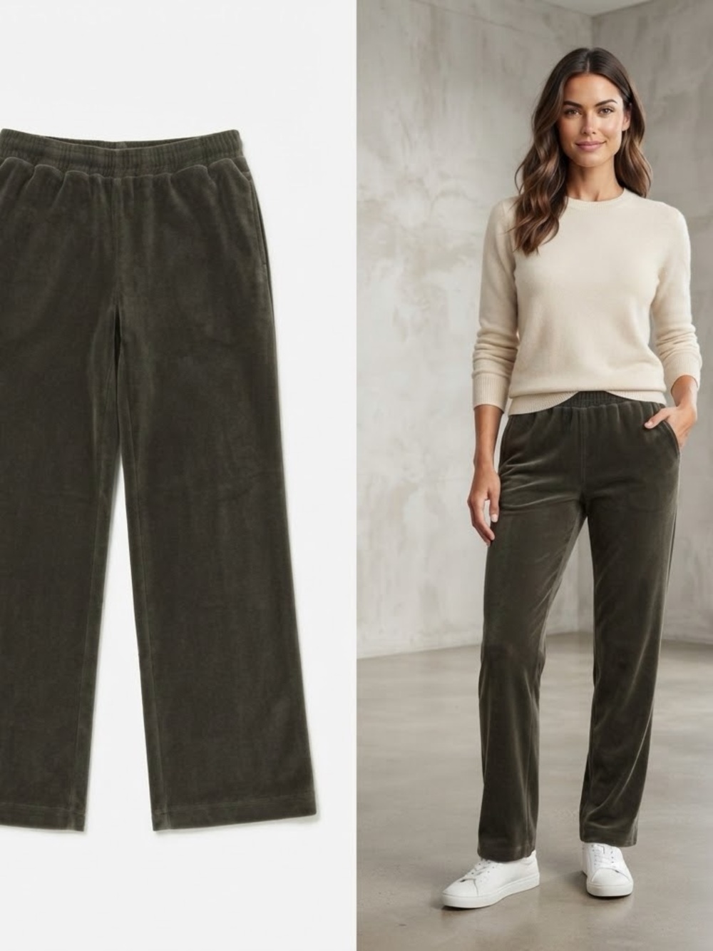 Alfred Dunner Olive Velvet Straight-Leg Track Pants Size PM Very Soft